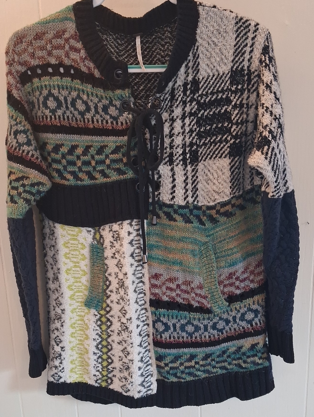 Free People Multi-Pattern Multi Color Patchwork Lace-Up Sweater Dress